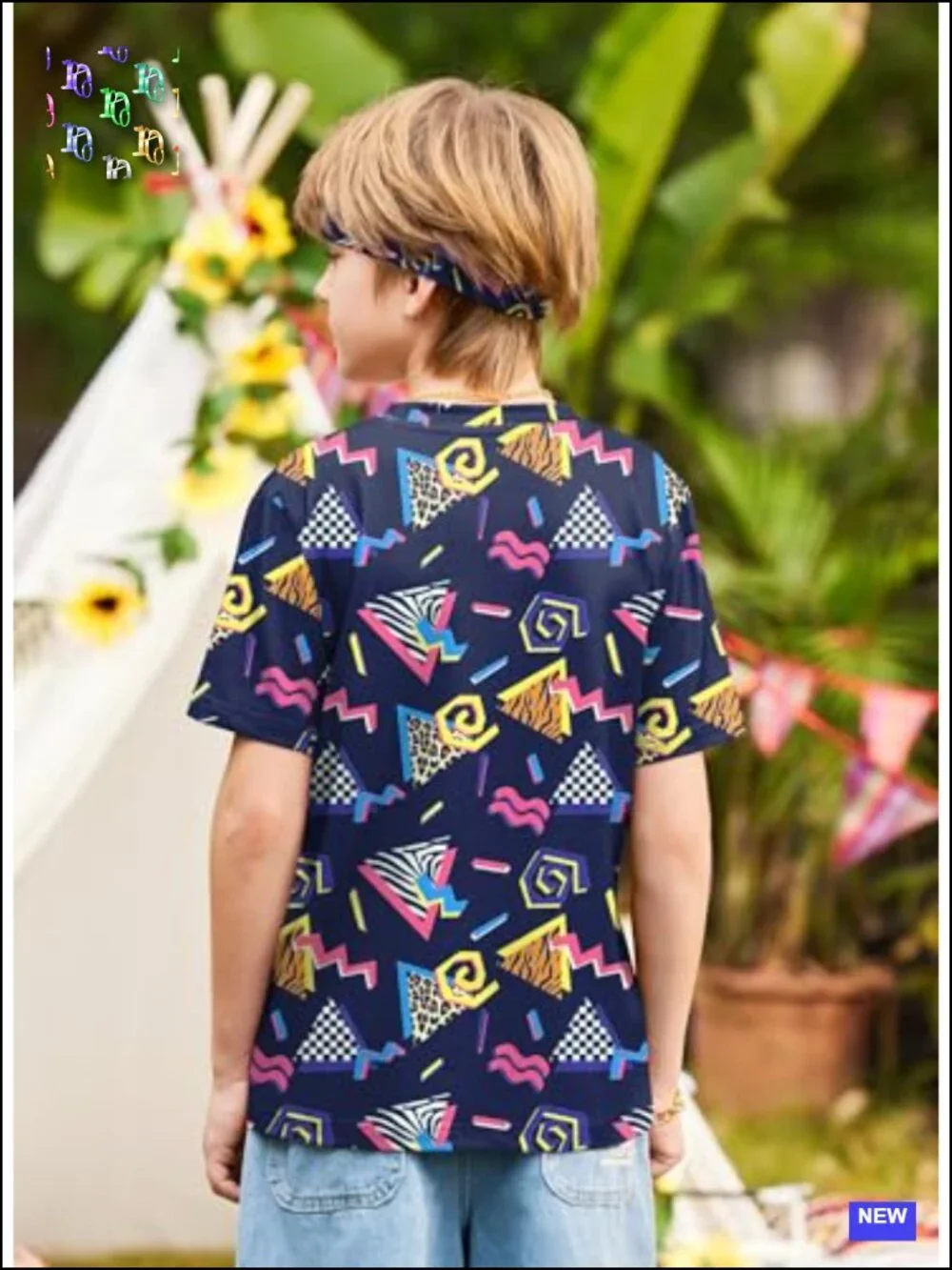 Boys 80s 90s HipHop Costume 6pcs Disco Party Outfit Geometric Print Tee Set